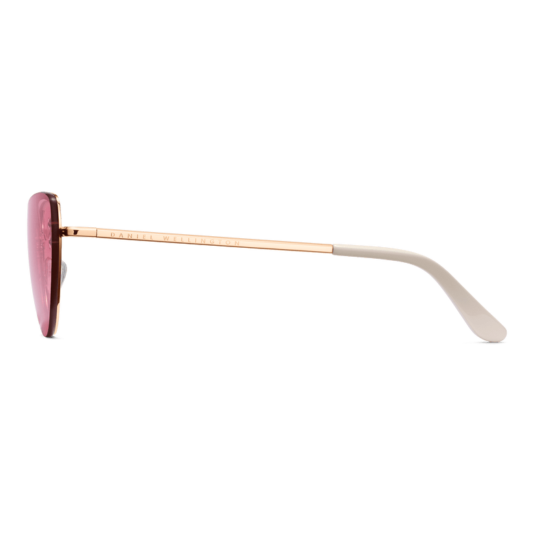 Side view of Lynx Steel Pink Gradient Rose Gold sunglasses showing the slim rose gold plated stainless steel arm with cream acetate temple tip and pink gradient lens.