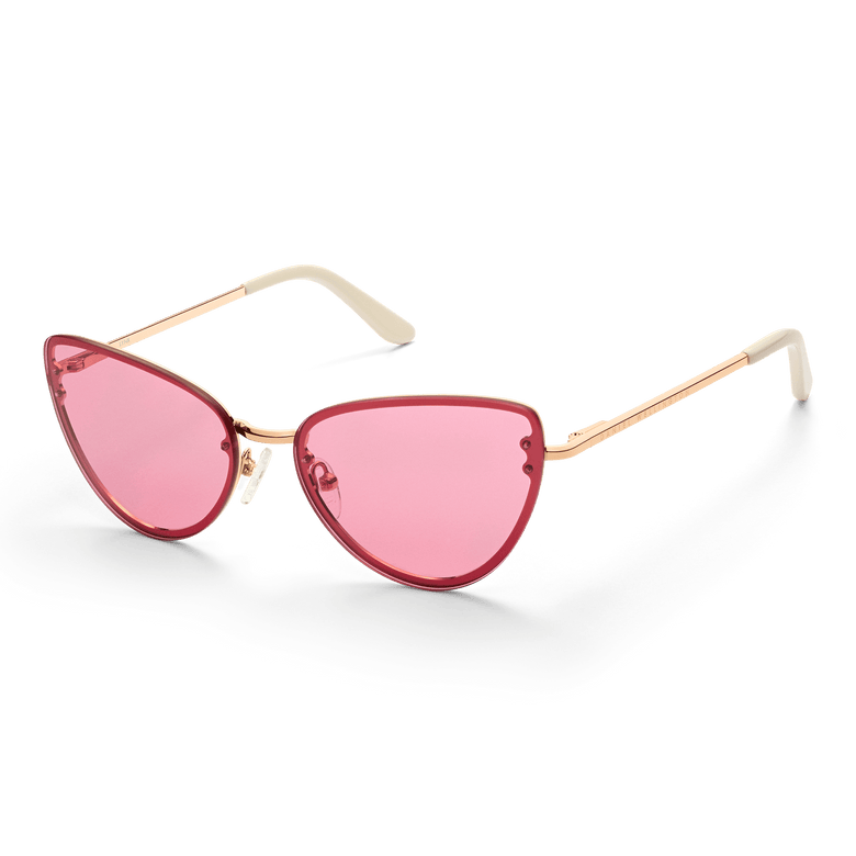 Lynx Steel Pink Gradient Rose Gold sunglasses with a rose gold stainless steel cat eye frame, pink gradient nylon lenses, and comfortable acetate temple tips.