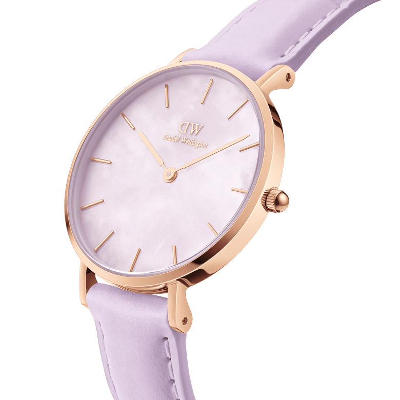 Close-up of the Petite Lavender Rose Gold ladies watch featuring a slim rose gold case, pastel lavender leather strap, and a genuine mother of pearl dial with minimalist gold markers.