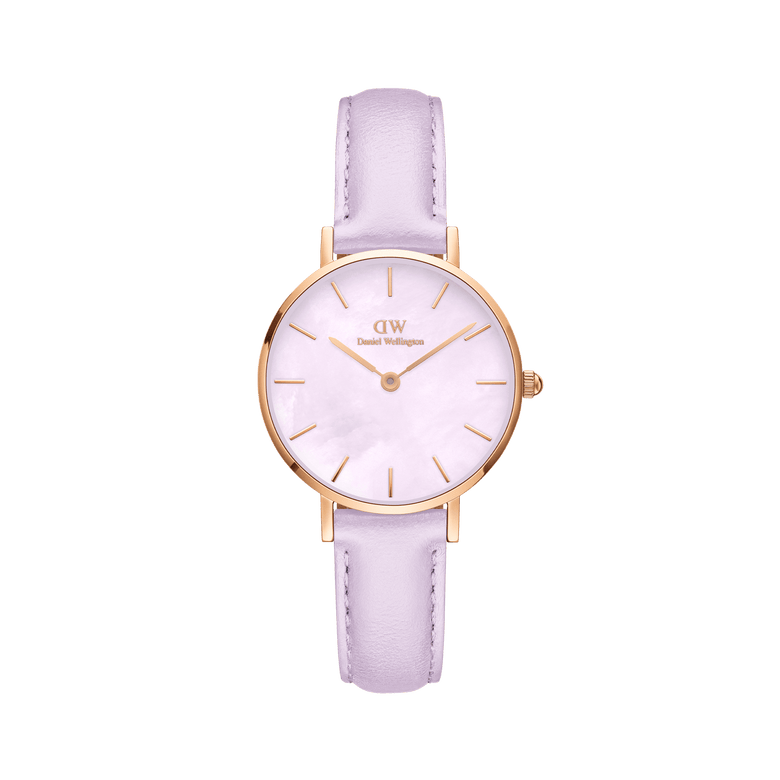 Petite Lavender Rose Gold ladies watch with a slim rose gold case, soft lavender leather strap, and a shimmering mother of pearl dial, showcasing minimalist detailing and a petite 28mm design.