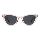 Lynx Bio-Acetate Clear Pink/Black cat eye sunglasses with a transparent pink bio-acetate frame and dark black nylon lenses, offering UV400 protection and a modern, stylish look for women.