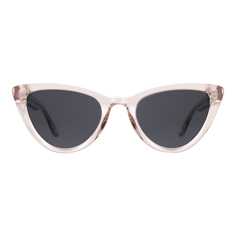 Lynx Bio-Acetate Clear Pink/Black cat eye sunglasses with a transparent pink bio-acetate frame and dark black nylon lenses, offering UV400 protection and a modern, stylish look for women.
