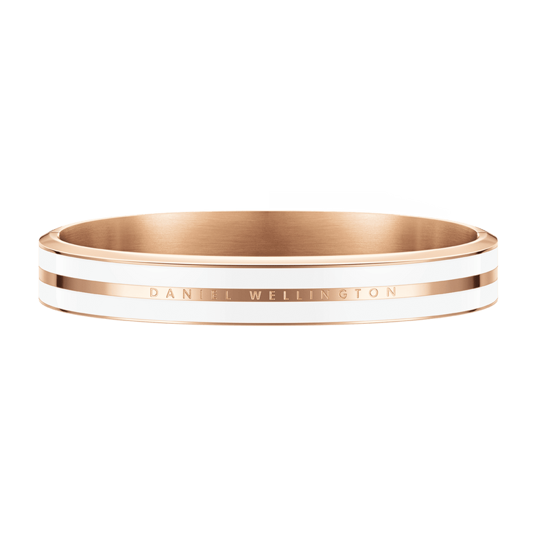 Emalie Infinite Rose Gold Satin White bracelet with a wide band, featuring polished rose gold and white enamel, and a subtle engraved logo for a contemporary, elegant style.