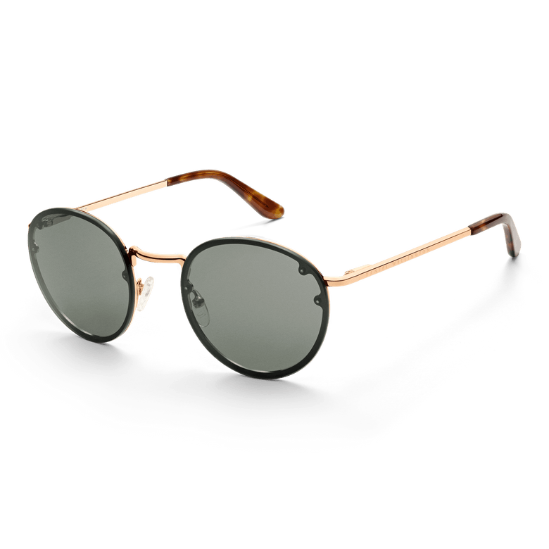 Arch Steel Green Rose Gold sunglasses featuring round green UV400 lenses, a rose gold plated stainless steel frame, and tortoiseshell acetate temple tips, shown from a side angle to highlight their modern classic design.