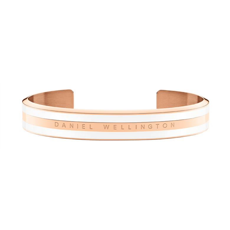Emalie Bracelet Satin White Rose Gold features a sleek open cuff design with satin white enamel and rose gold plating, engraved with the Daniel Wellington logo for a modern, elegant look.