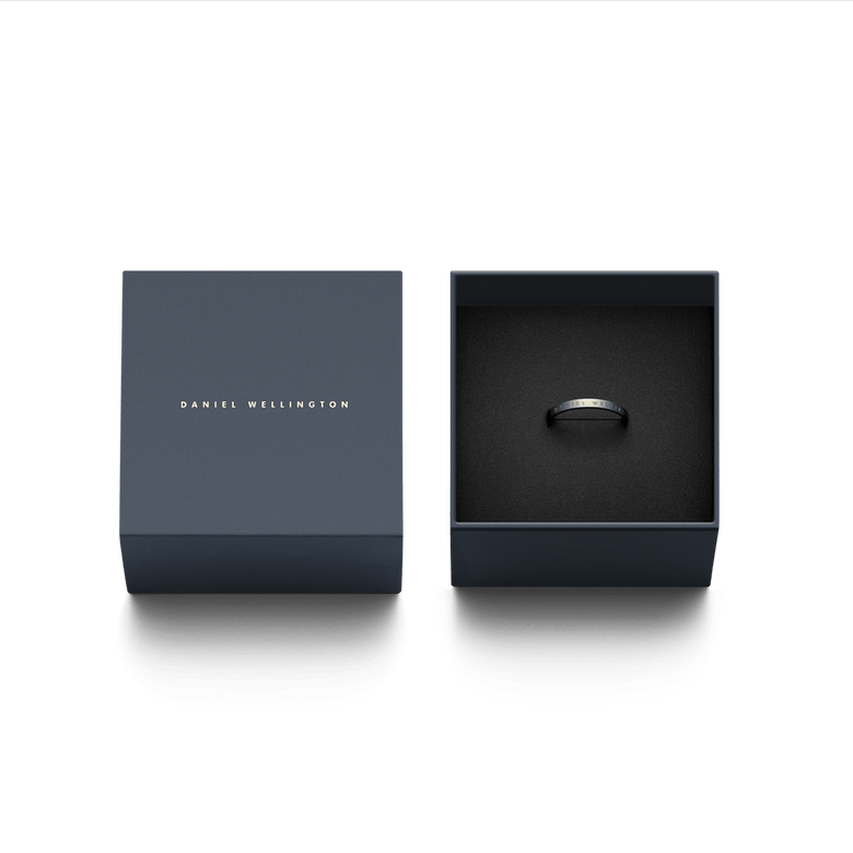 Classic Ring Graphite presented in a sleek Daniel Wellington branded gift box, highlighting its minimalist graphite finish and elegant packaging suitable for special occasions.