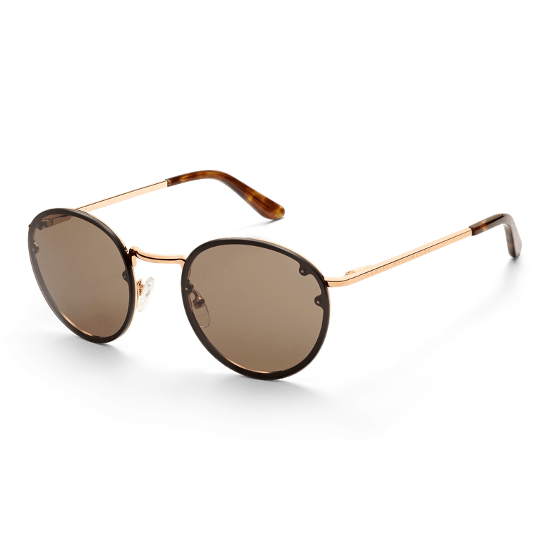 Arch Steel Brown Rose Gold sunglasses with round brown UV400 nylon lenses, rose gold plated stainless steel frame, and tortoiseshell acetate temple tips, shown at a slight angle to highlight the minimalist design and adjustable nose pads.