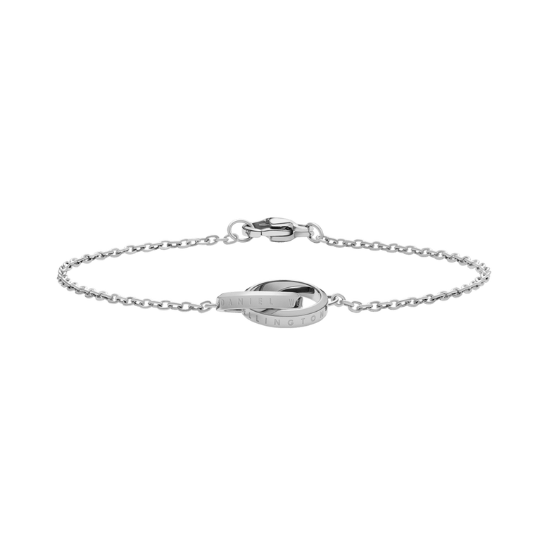 Elan Unity Bracelet Silver with two interlocking rings on a fine silver chain, featuring a polished stainless steel finish and a secure clasp for comfortable, everyday wear.