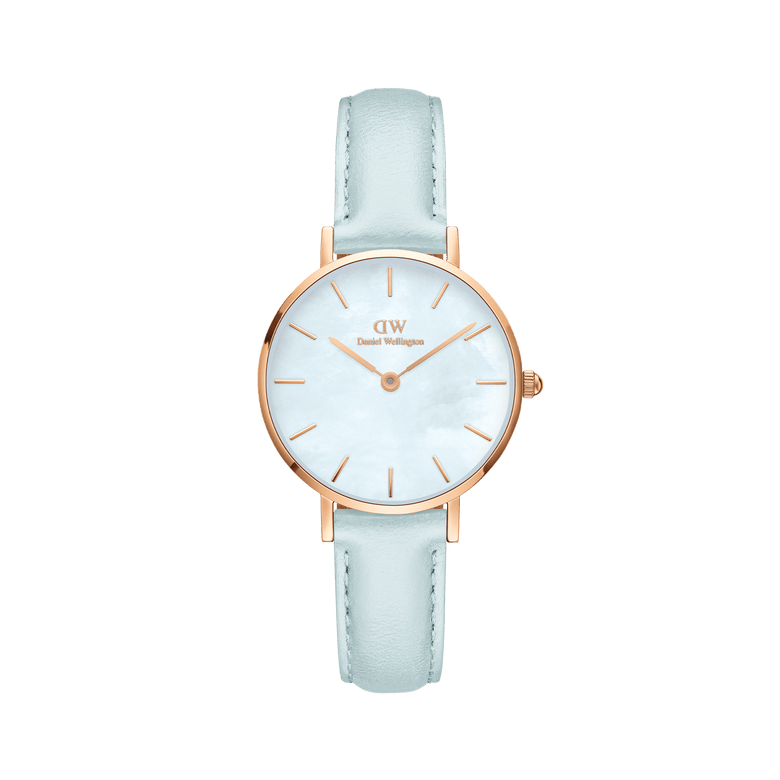 Petite Bluebell ladies watch featuring a pastel blue leather strap, rose gold case, and a shimmering mother of pearl dial with minimalist rose gold markers.