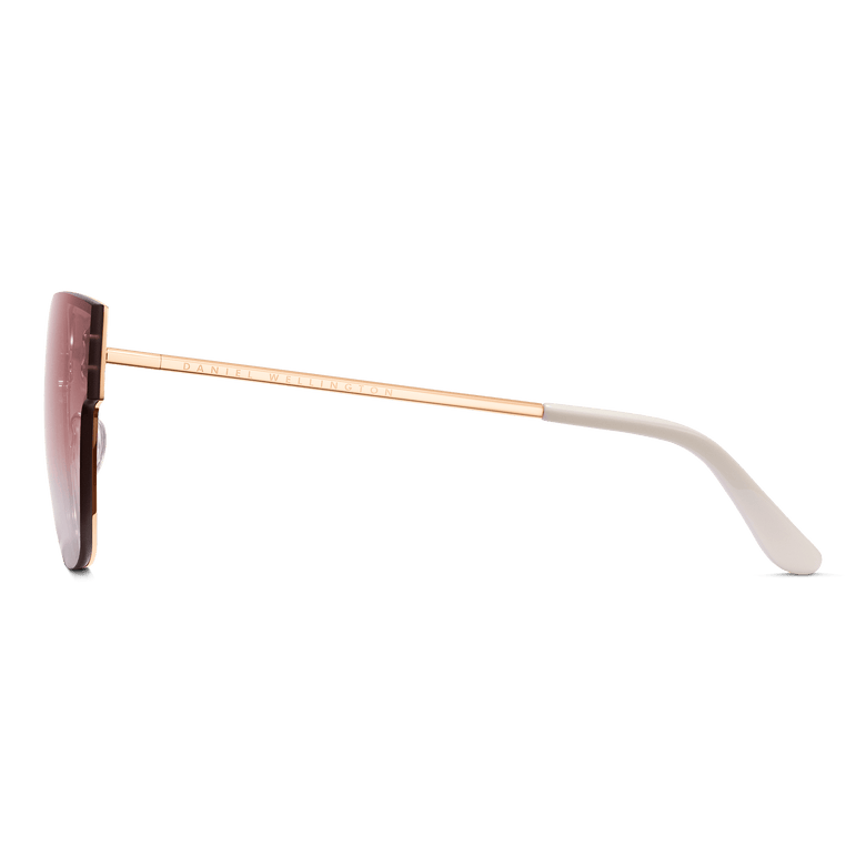 Side view of Grande Steel Pink Gradient Rose Gold sunglasses showing the slim rose gold plated stainless steel arm, cream acetate temple tip, and pink gradient lens.