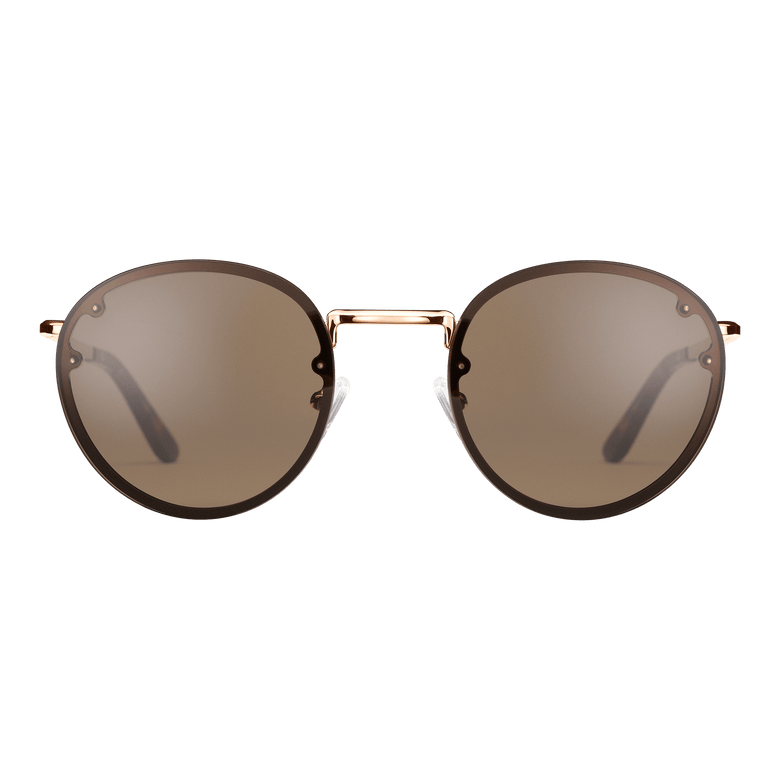 Round sunglasses with brown UV400 nylon lenses and a rose gold plated stainless steel frame, featuring minimalist styling and tortoiseshell acetate temple tips.