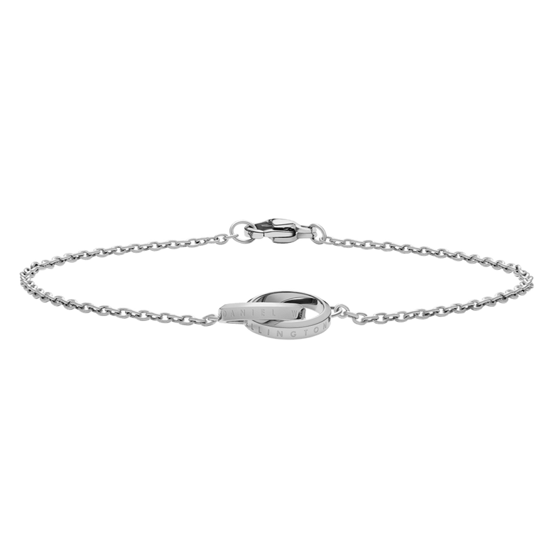 Minimalist Elan Unity Bracelet Silver with two interlocking rings as a pendant on a fine silver chain, designed in polished stainless steel with a comfortable clasp.
