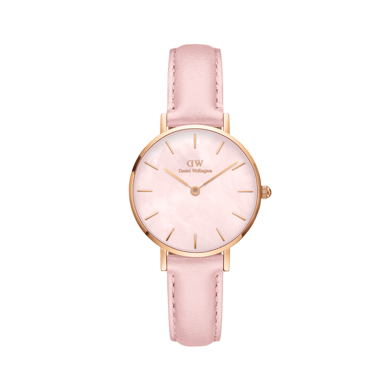 Petite Cherry Blossom ladies watch featuring a pastel pink mother of pearl dial, slim rose gold case, and soft pink leather strap, designed for comfortable everyday wear and a timeless look.