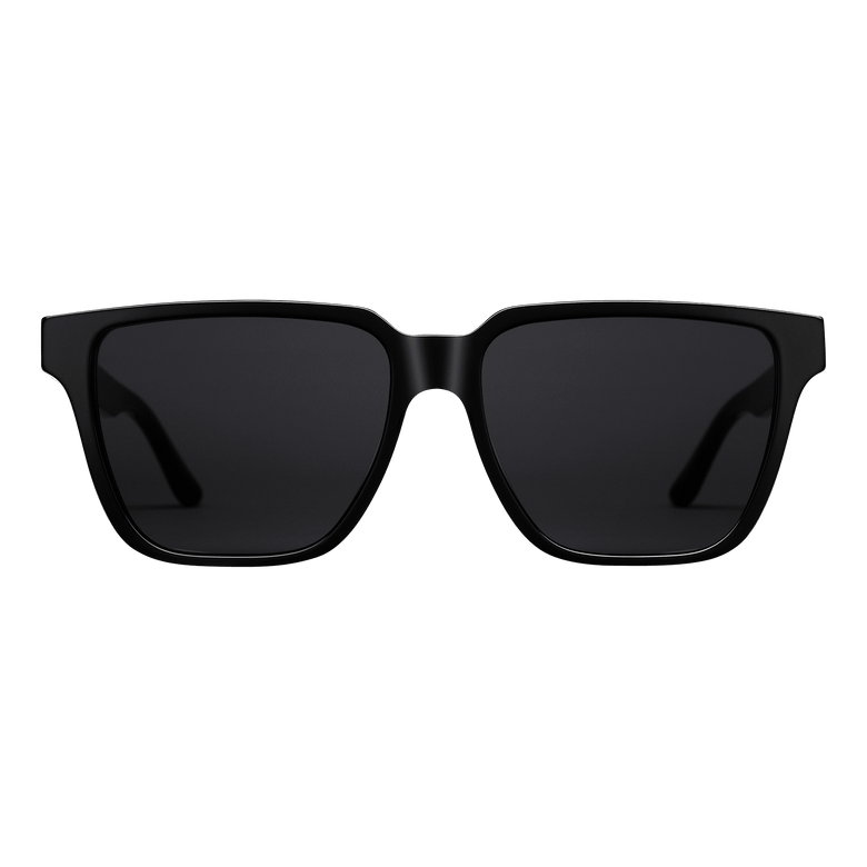 Rectangular Bio-Acetate Black sunglasses featuring an oversized square frame and matching black UV400 lenses, crafted from sustainable bio-acetate for a modern, minimalist look.