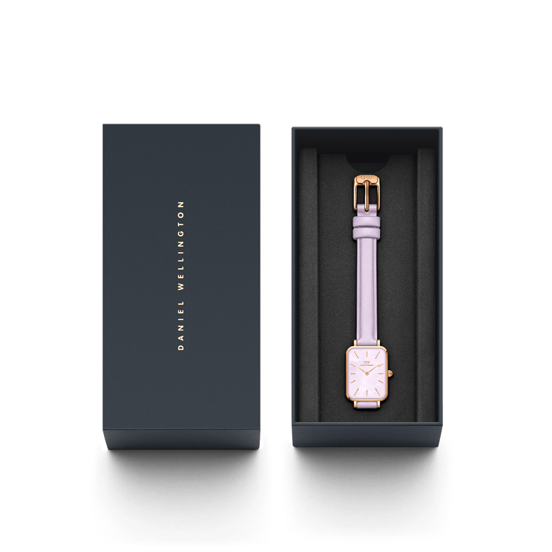 Quadro Lavender MOP Rose Gold ladies watch with a pastel purple leather strap and rectangular rose gold case, presented in a sleek Daniel Wellington gift box.
