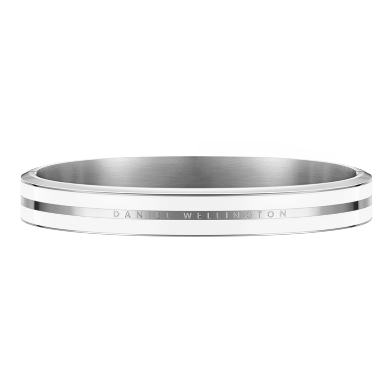 Contemporary Emalie Infinite Silver Satin White bracelet crafted from stainless steel, featuring a smooth silver band with satin white enamel and Daniel Wellington logo, ideal for everyday or formal wear.