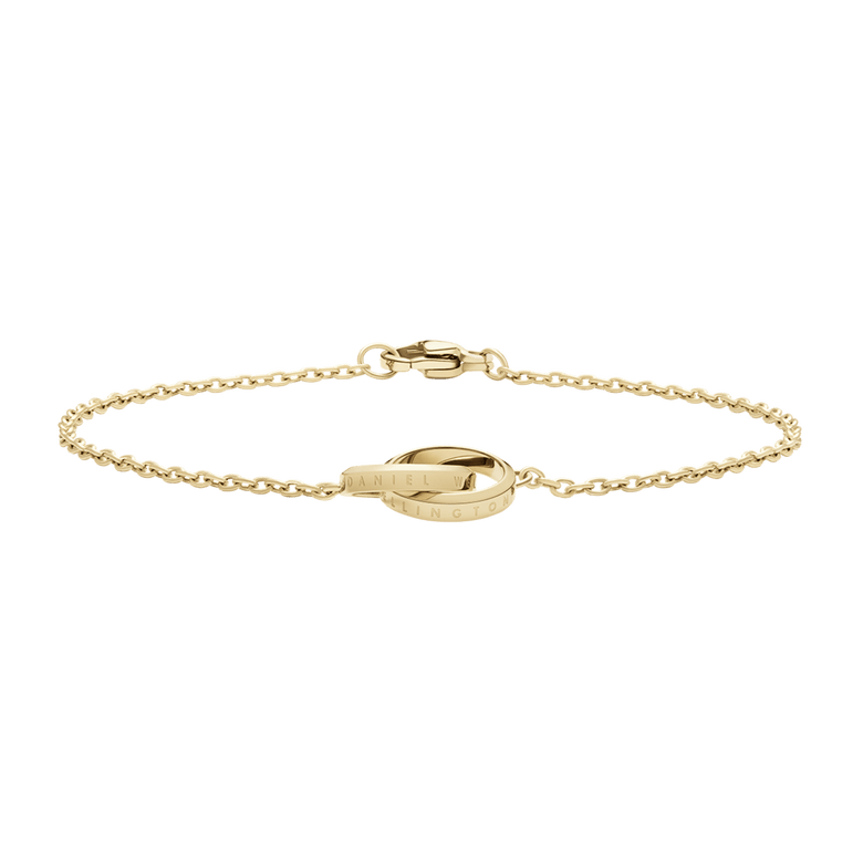 Elegant Elan Unity Bracelet in gold, featuring a slim chain and two polished interlocking rings with engraved accents, designed for a comfortable and adjustable fit.