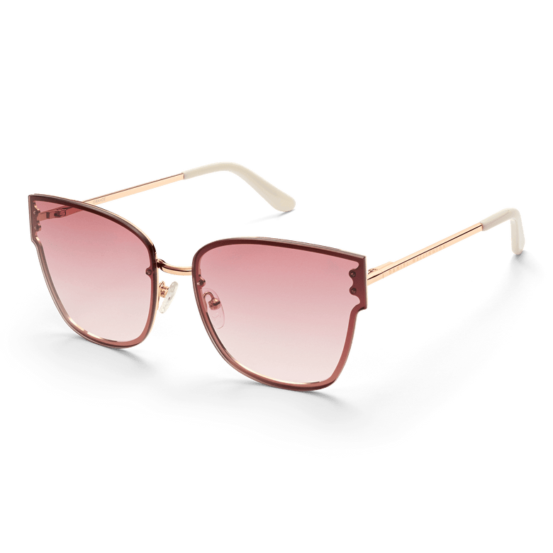 Grande Steel Pink Gradient Rose Gold sunglasses with oversized square pink gradient lenses, rose gold plated stainless steel frame, and cream acetate temple tips, shown from a side angle.