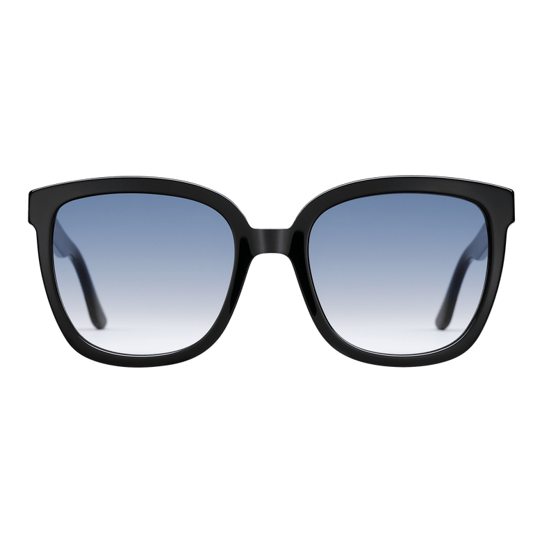 Grande Bio-Acetate Black Blue sunglasses with an oversized square black frame and blue gradient UV400 lenses, featuring a modern, elegant design suitable for women.