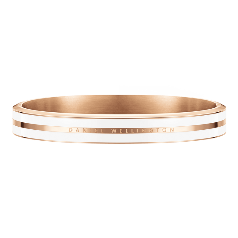 Emalie Infinite Rose Gold Satin White bangle with a wide rose gold band, crisp white enamel detailing, and a discreet engraved logo, offering a sleek and contemporary jewellery style.