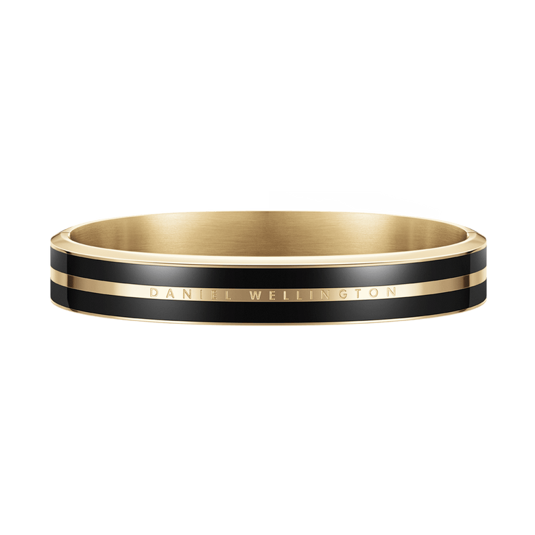 Classic Emalie Infinite Gold Black bracelet with polished gold finish, deep black enamel detailing, and subtle Daniel Wellington branding, ideal for pairing with watches or other jewellery.